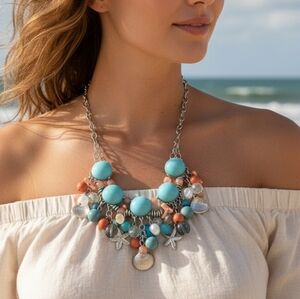 Beach wedding vibe shell star necklace costume fashion jewelry silver tone